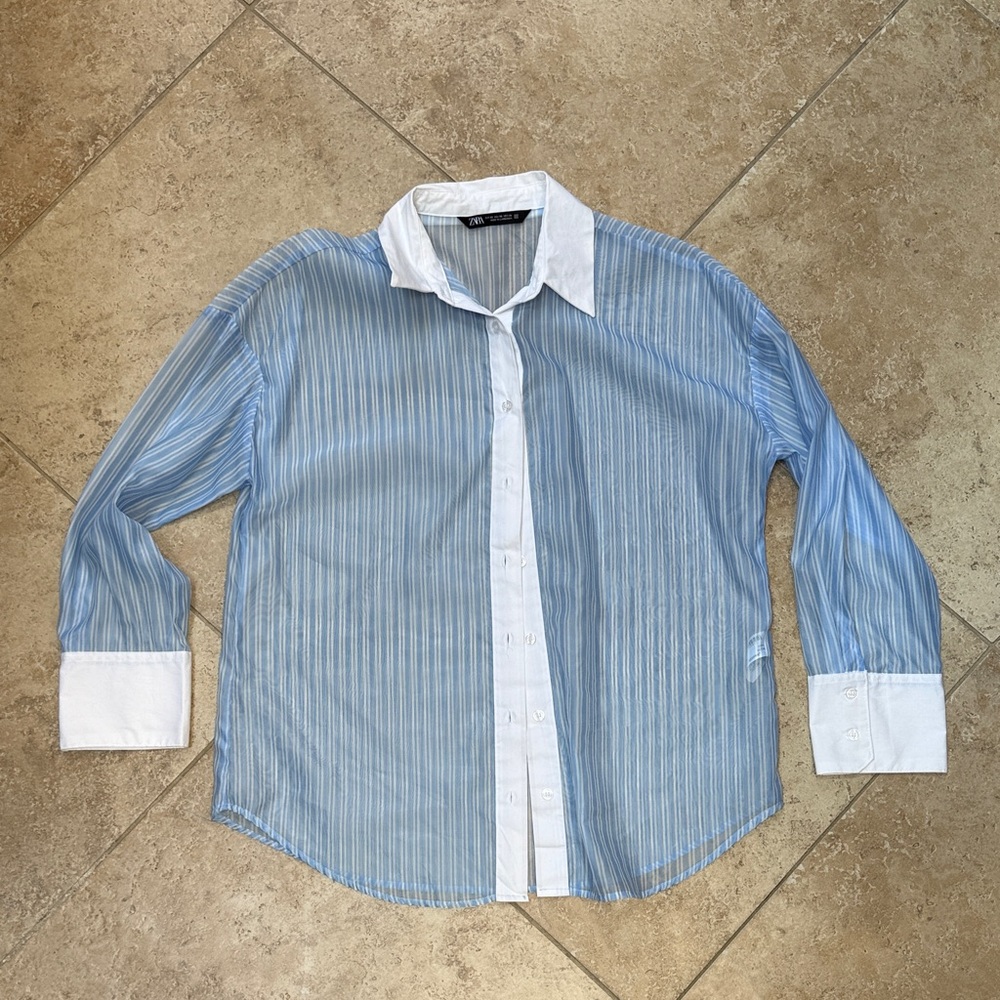 ZARA Light Blue Pinstripe Button-Down Shirt with White Collar